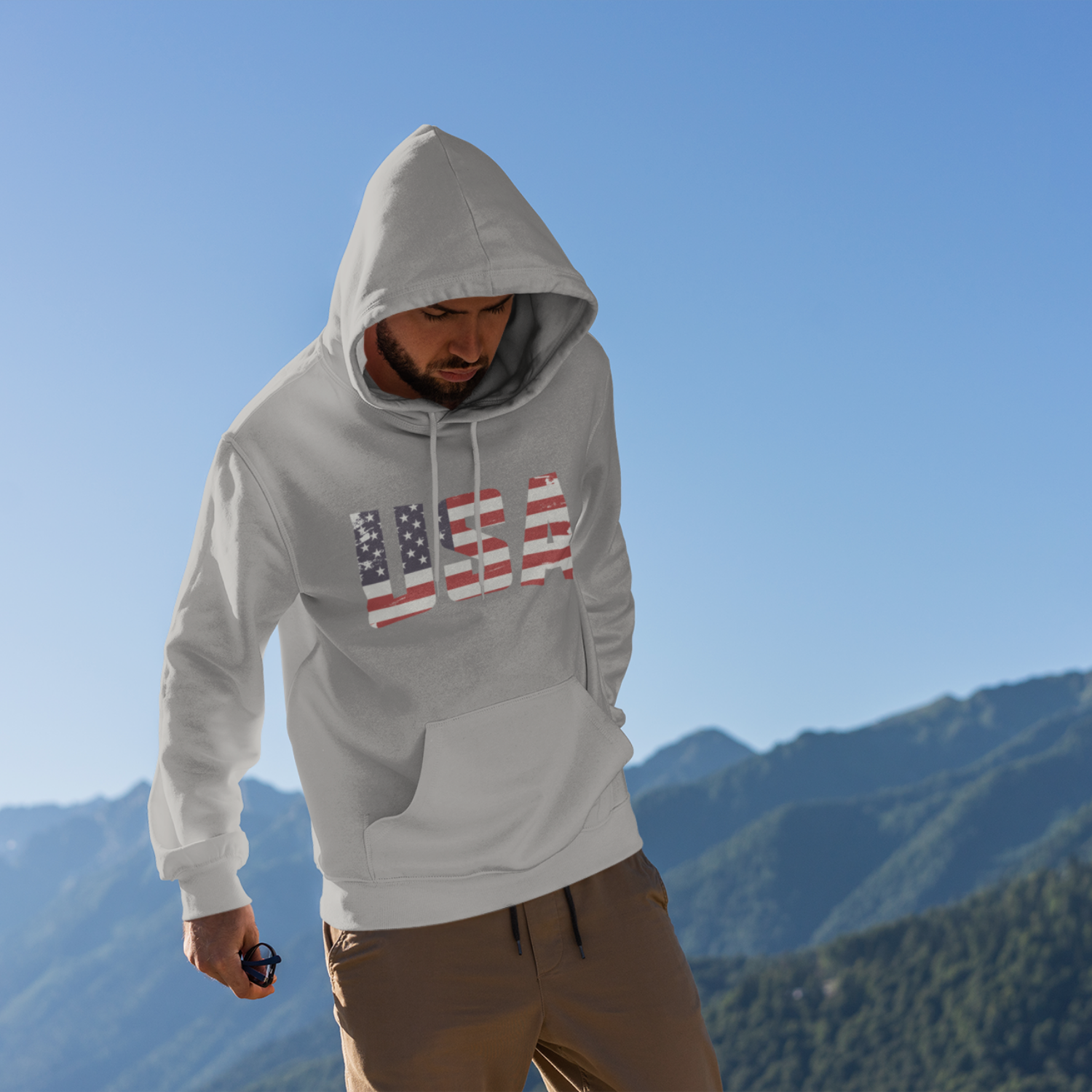 USA Flag Text Printed round neck Men Hoodie