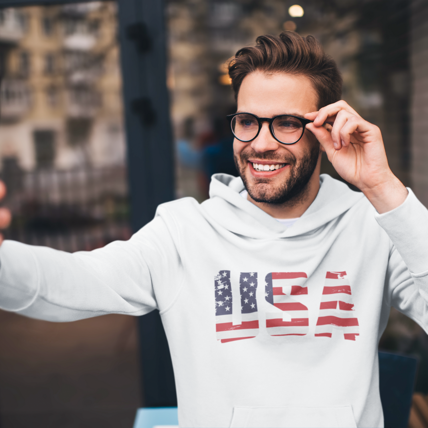 USA Flag Text Printed round neck Men Hoodie