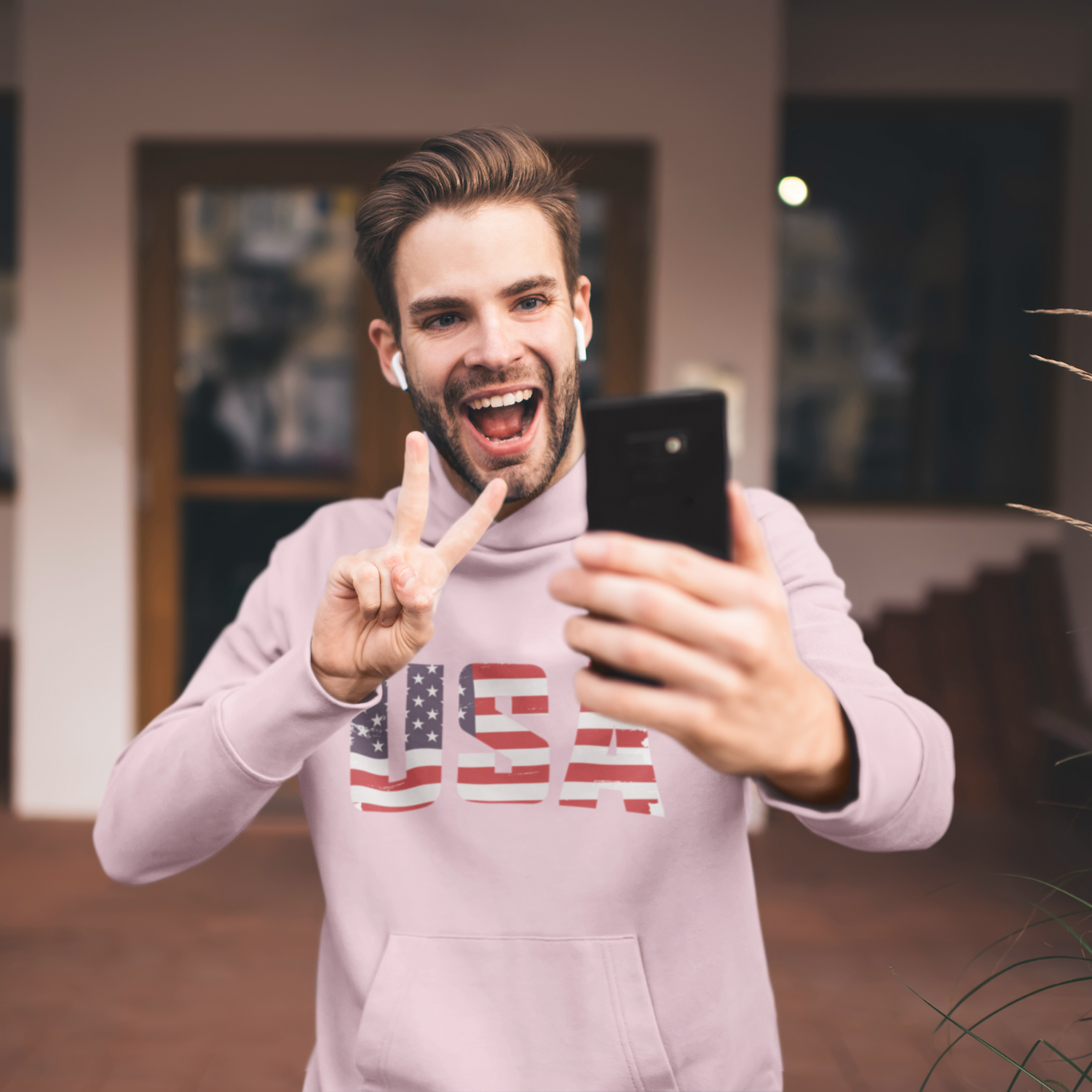 USA Flag Text Printed round neck Men Hoodie