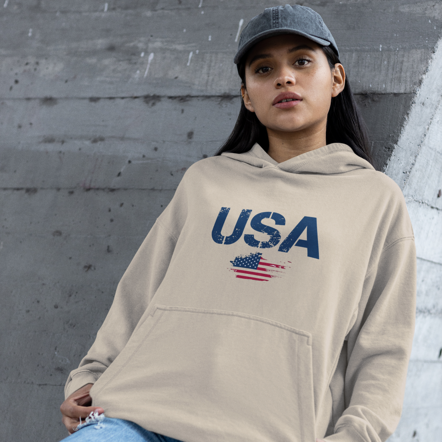 USA Flag Text Printed Hoodie for women