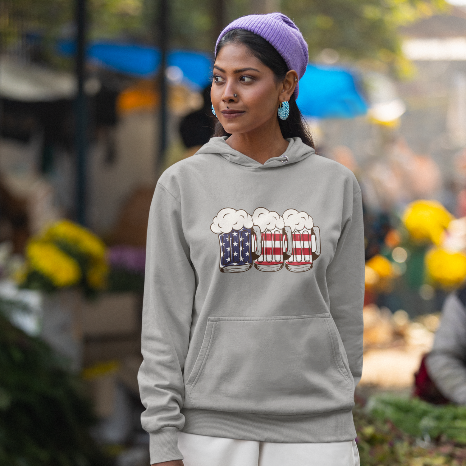 USA Beer Glass Print Design Hooded Sweatshirt for Women