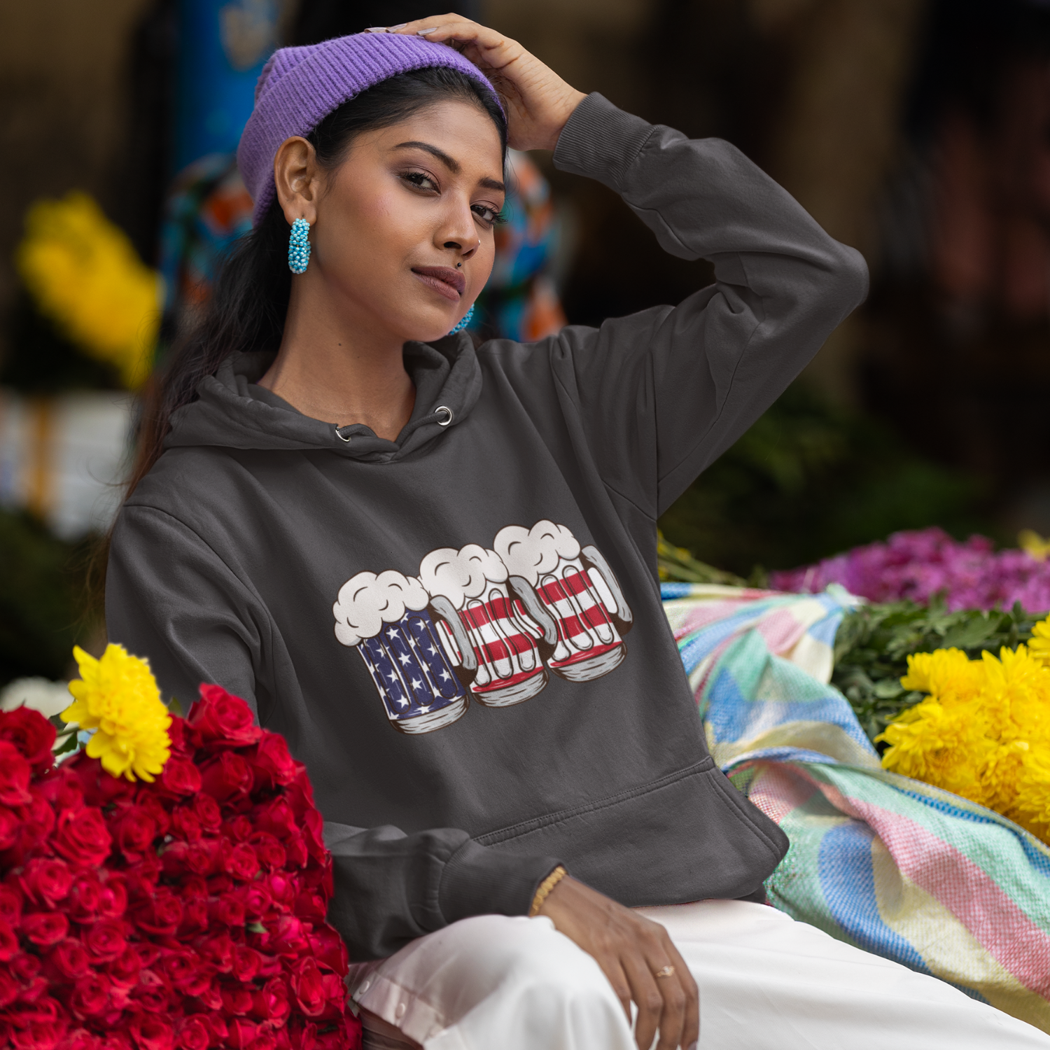 USA Beer Glass Print Design Hooded Sweatshirt for Women