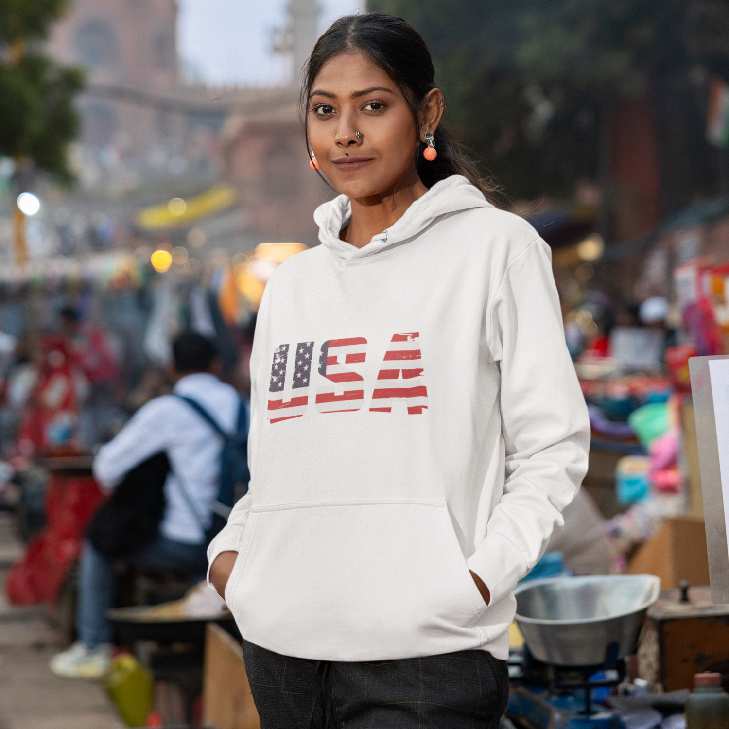 USA Flag Text Printed classic fit Hooded Sweatshirt for men women