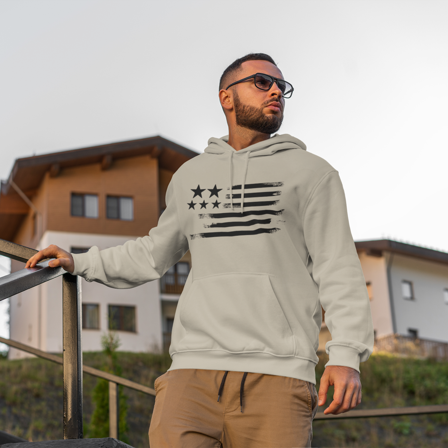 USA Star Printed Flag Design Men Hooded Sweatshirt.