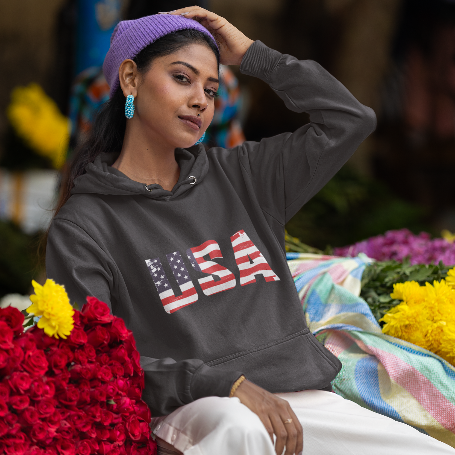 USA Flag Text Printed classic fit Hooded Sweatshirt for men women