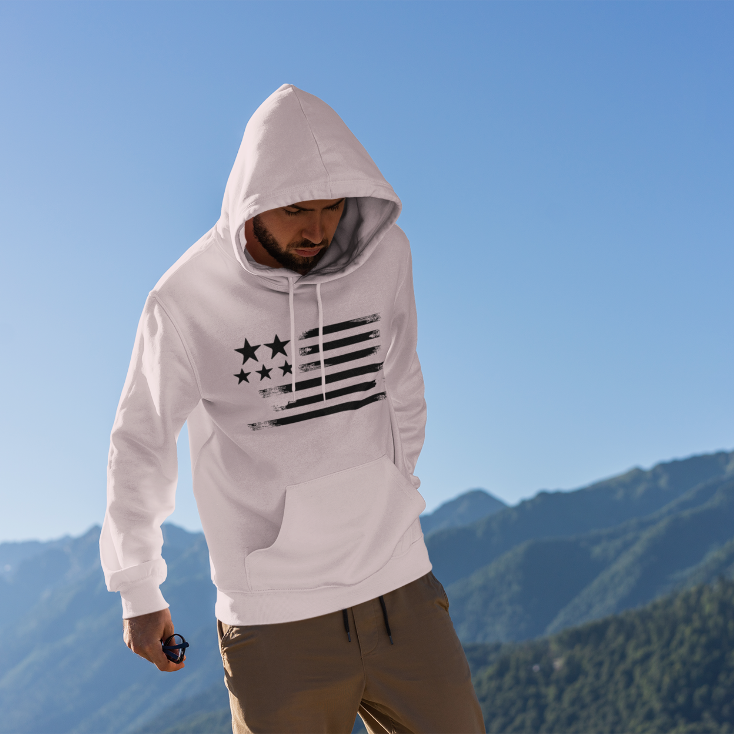 USA Star Printed Flag Design Men Hooded Sweatshirt.
