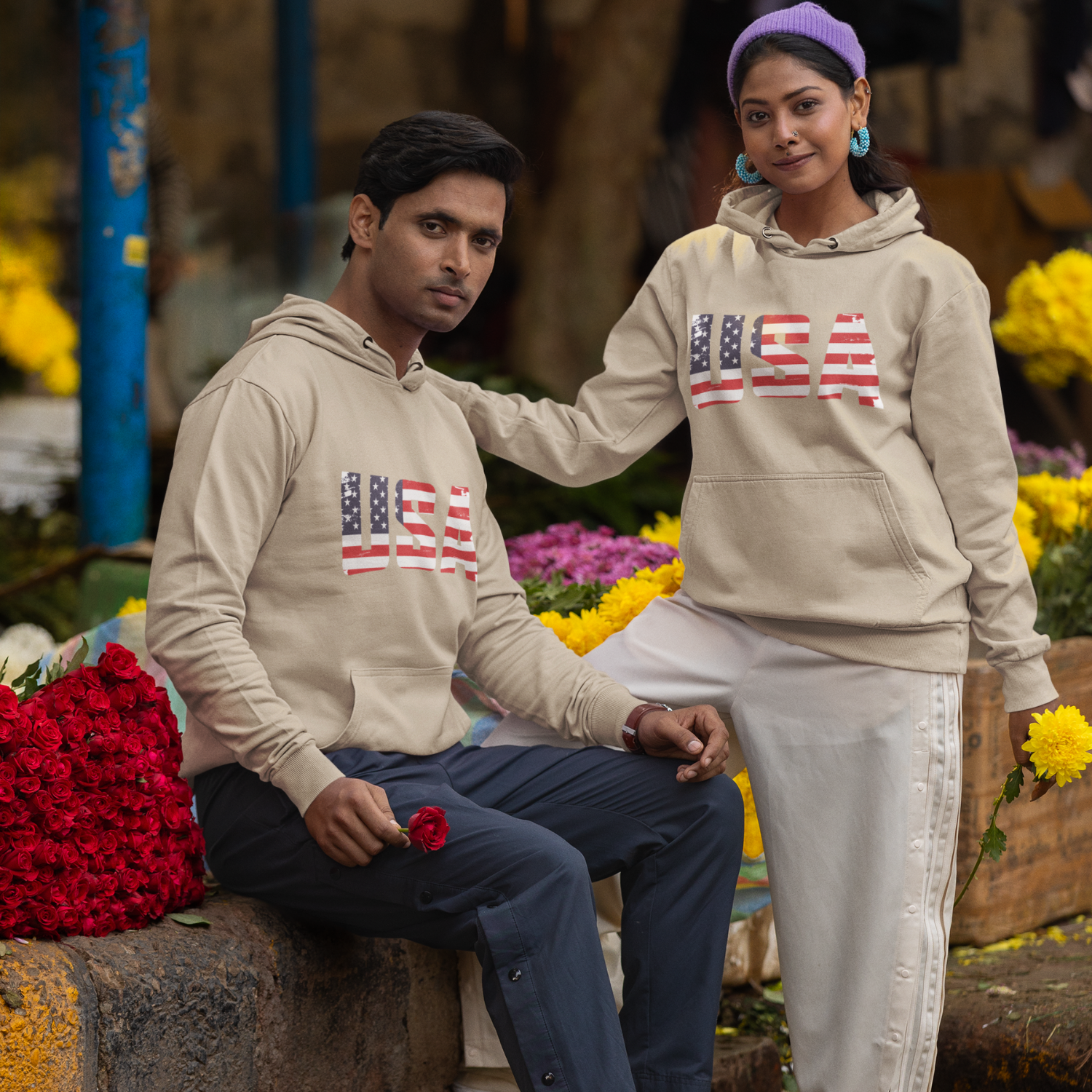 USA Flag Text Printed classic fit Hooded Sweatshirt for men women