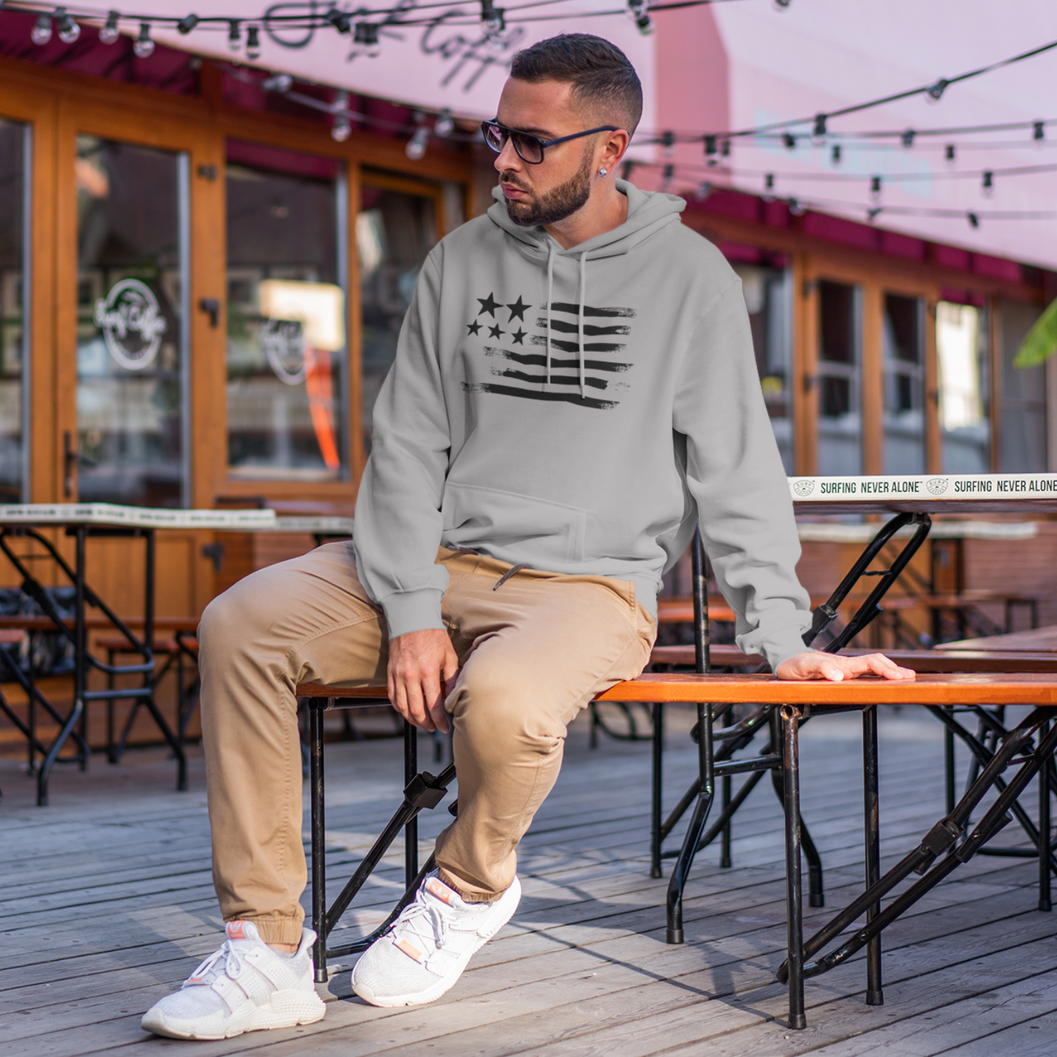 USA Star Printed Flag Design Men Hooded Sweatshirt.