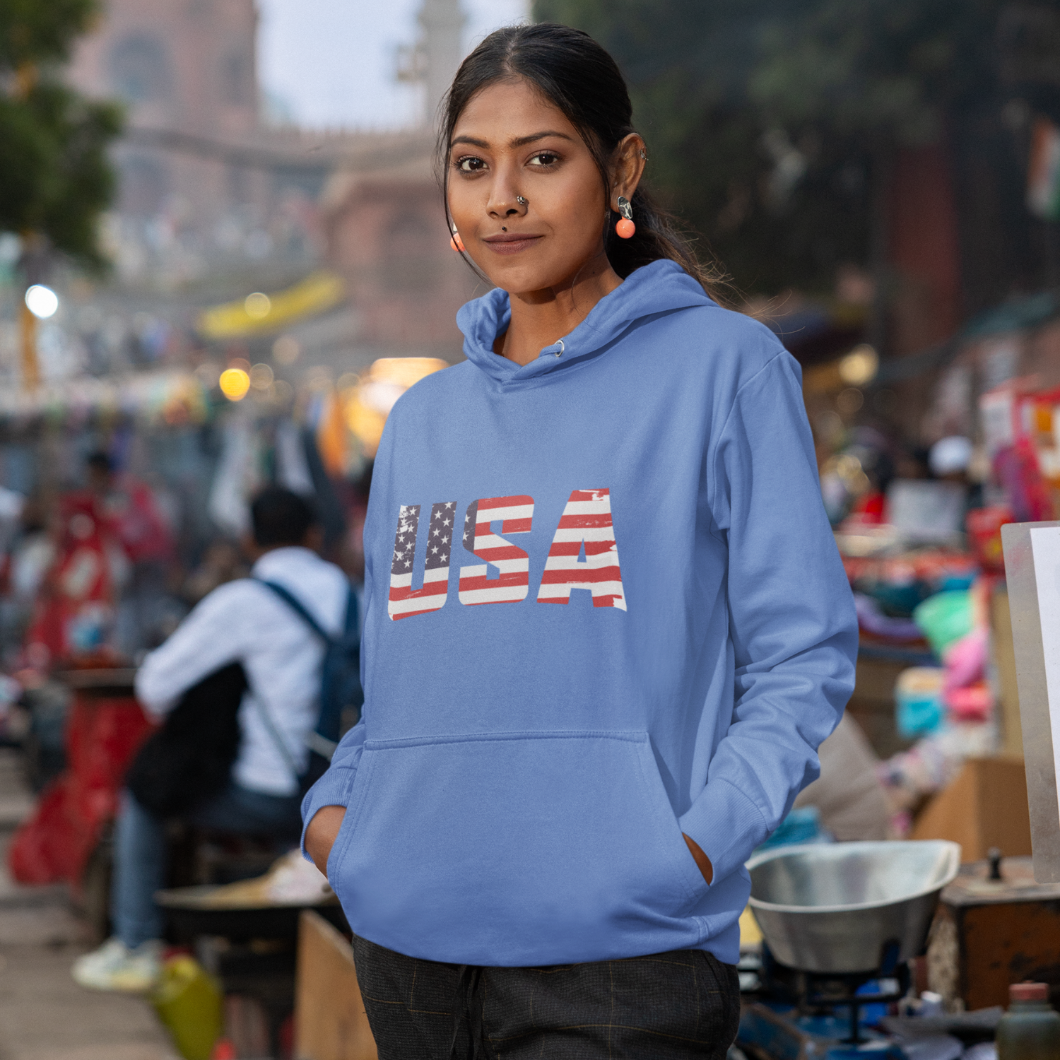 USA Flag Text Printed classic fit Hooded Sweatshirt for men women