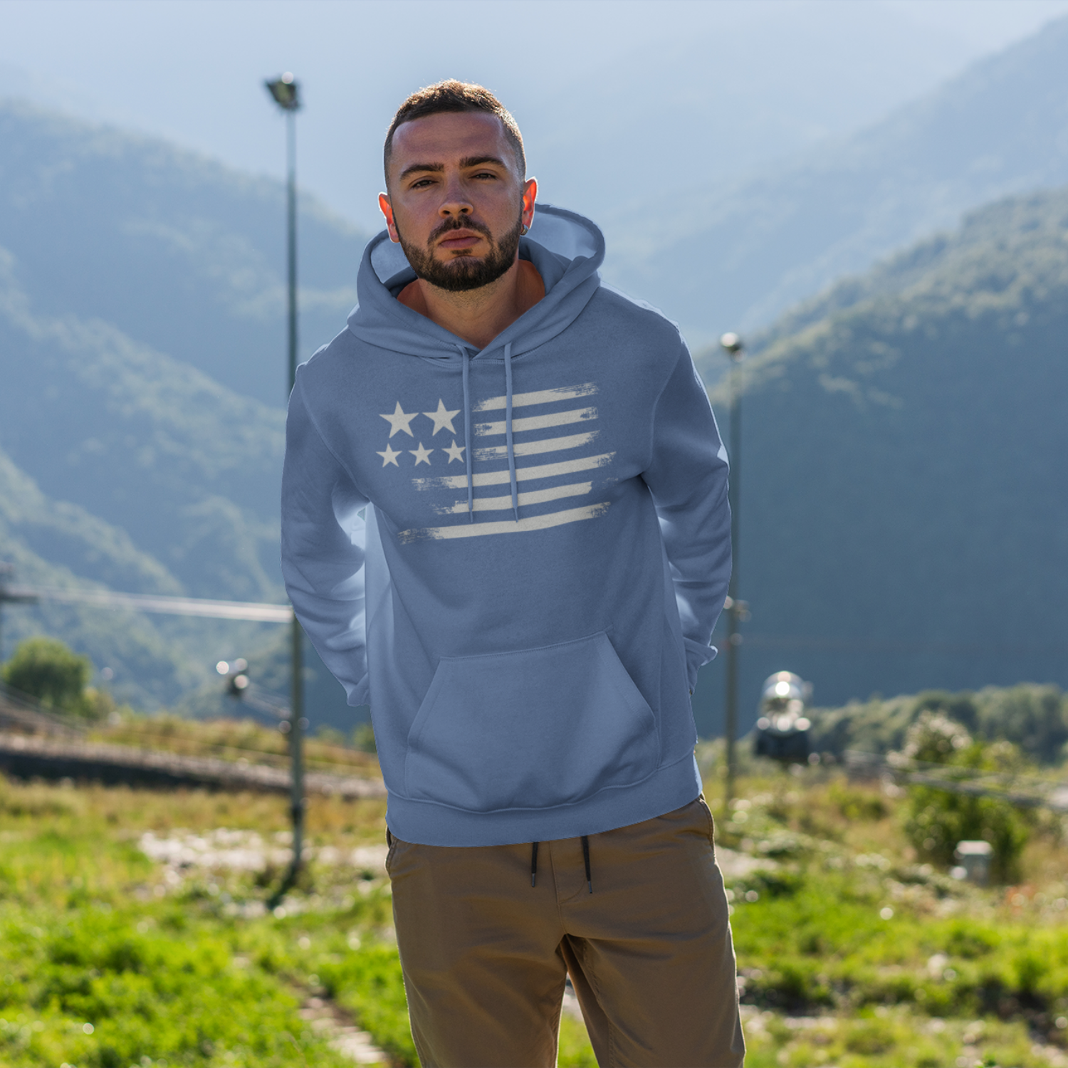 USA Star Printed Flag Design Men Hooded Sweatshirt.