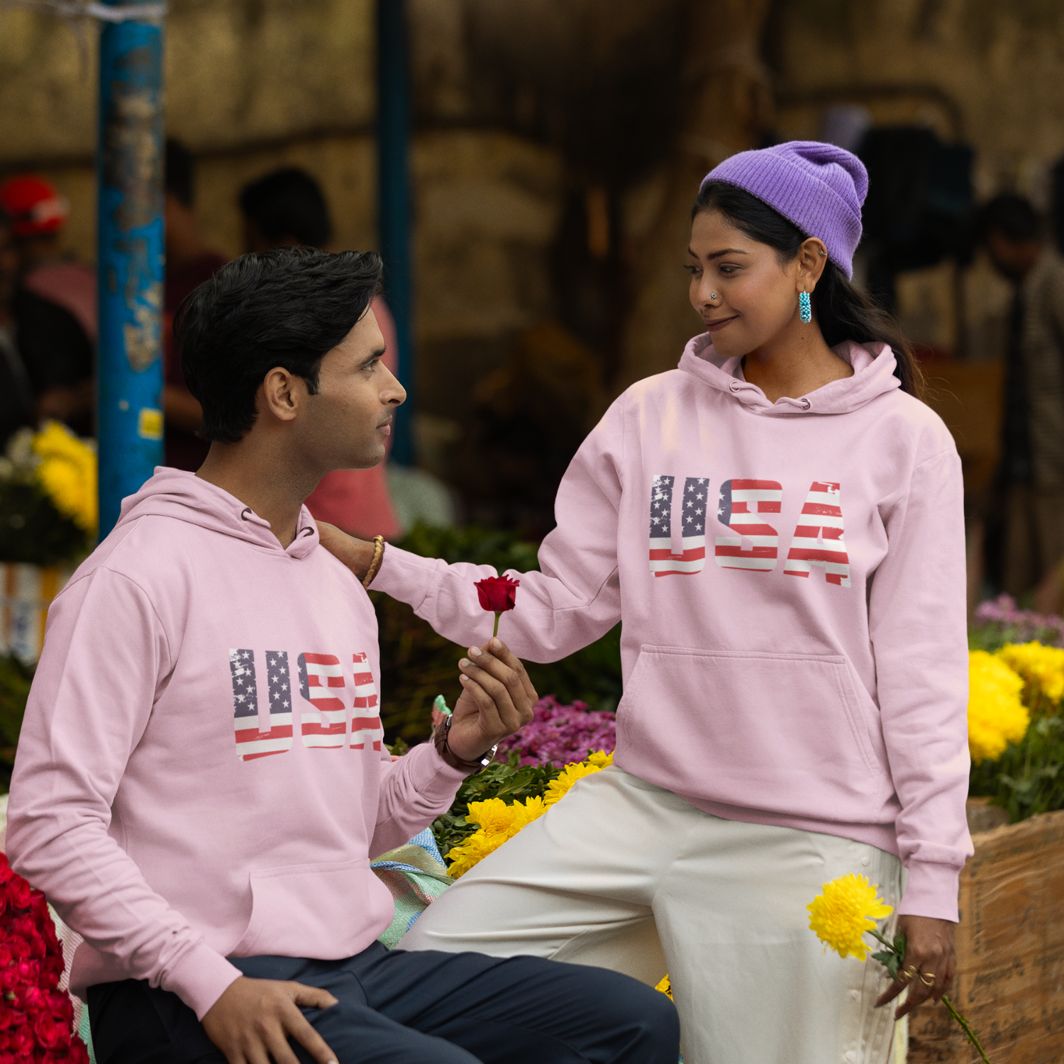 USA Flag Text Printed classic fit Hooded Sweatshirt for men women