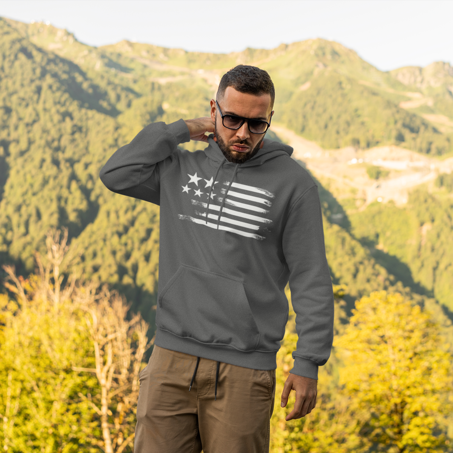 USA Star Printed Flag Design Men Hooded Sweatshirt.