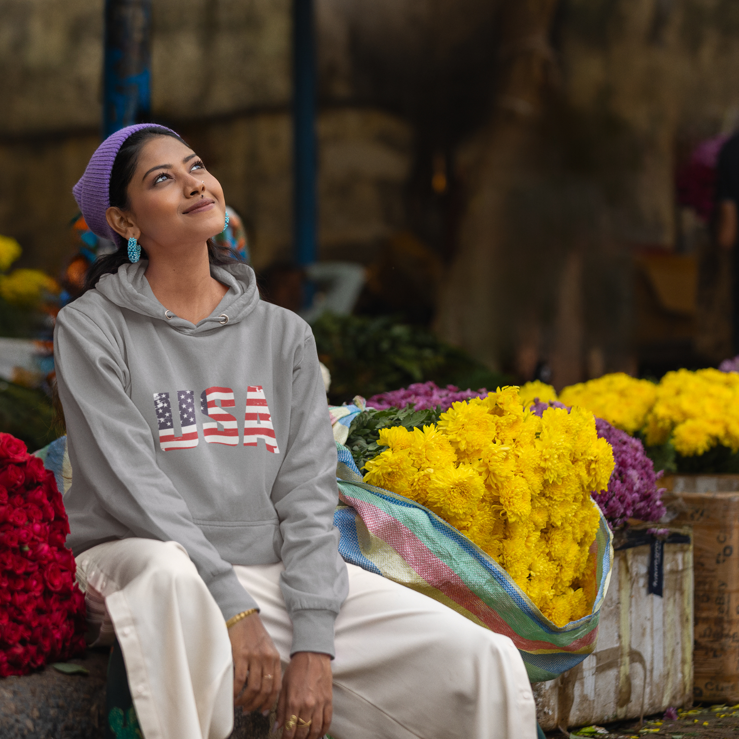 USA Flag Text Printed classic fit Hooded Sweatshirt for men women