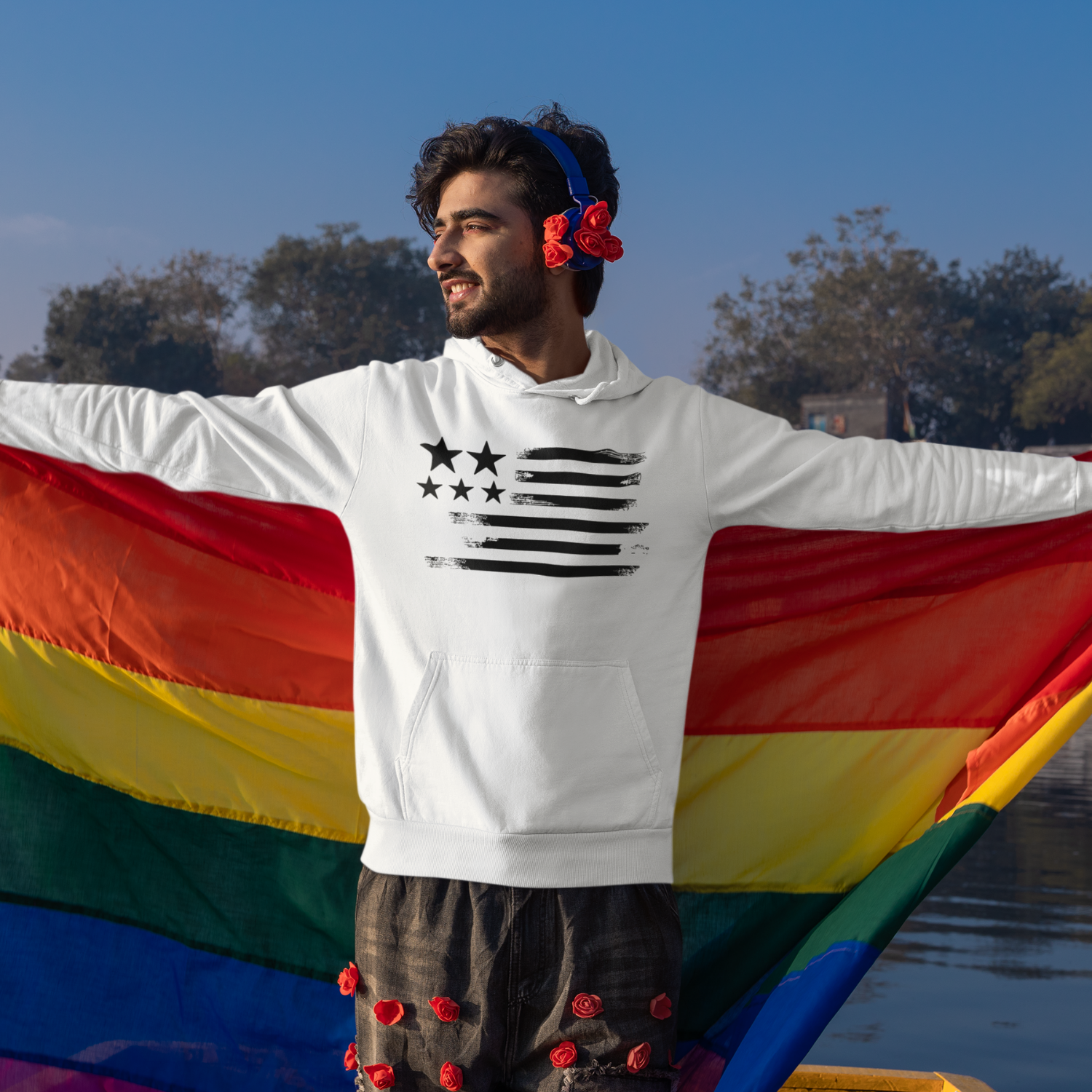 USA Star Printed Flag Design Men Hooded Sweatshirt.