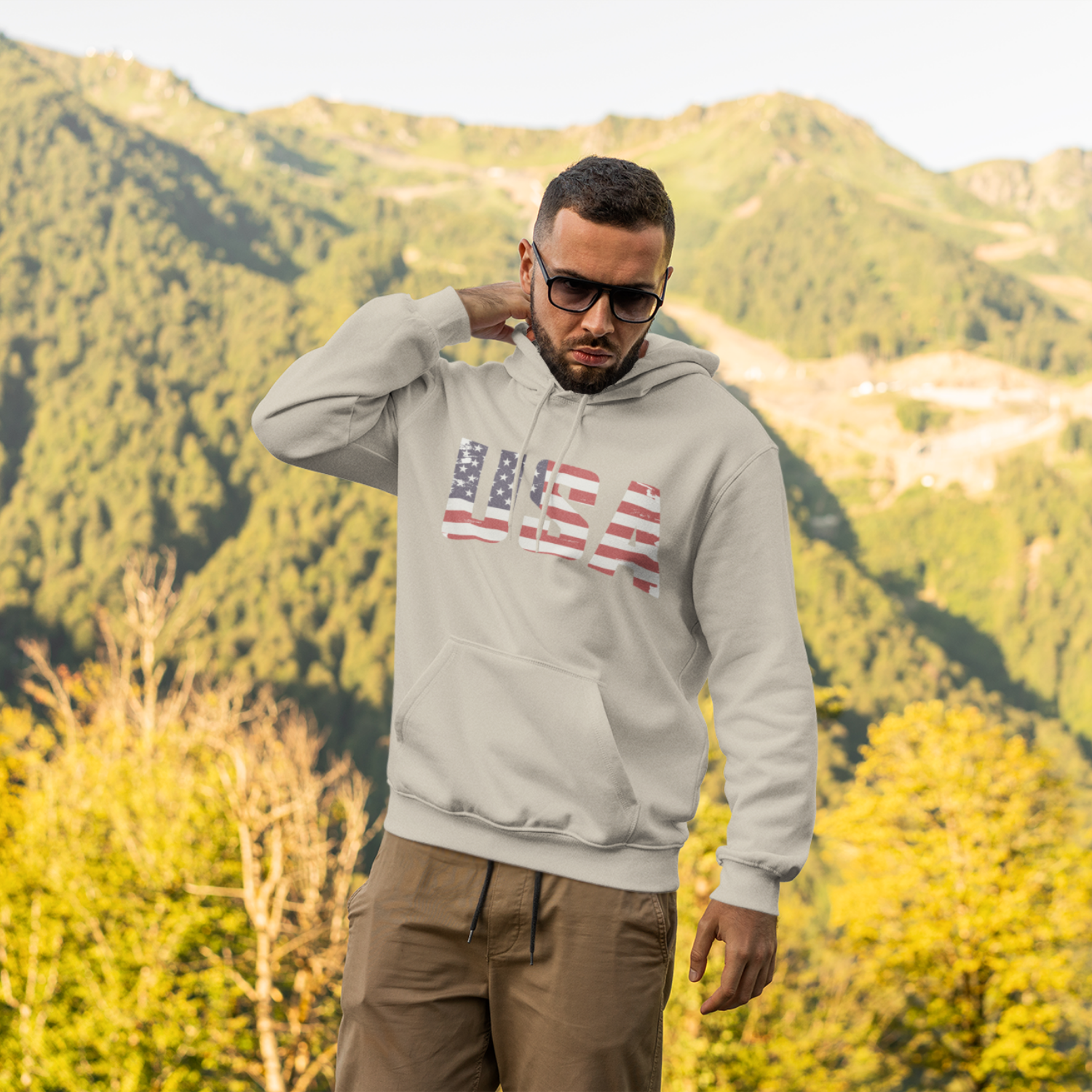 USA Flag Text Printed round neck Men Hoodie