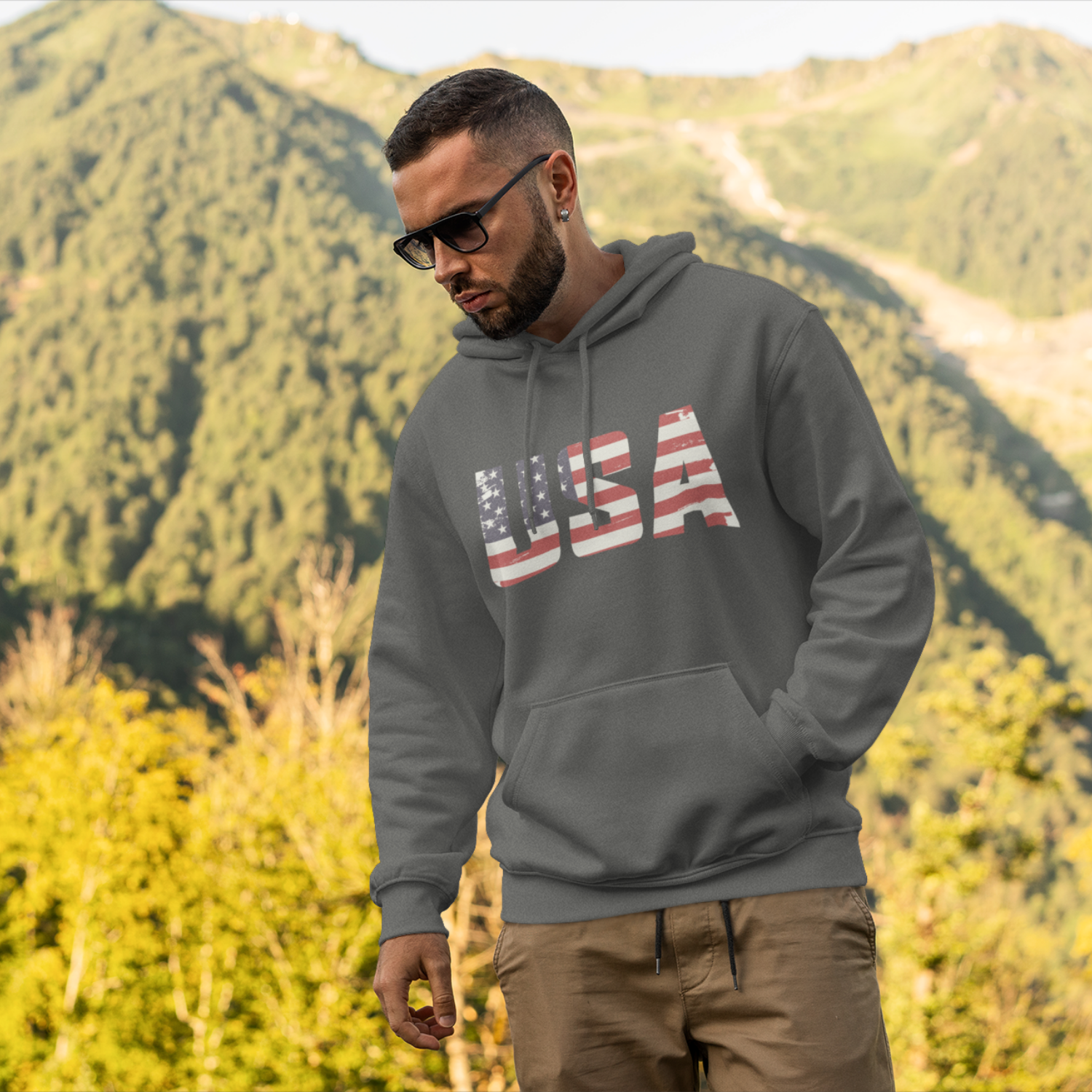 USA Flag Text Printed round neck Men Hoodie