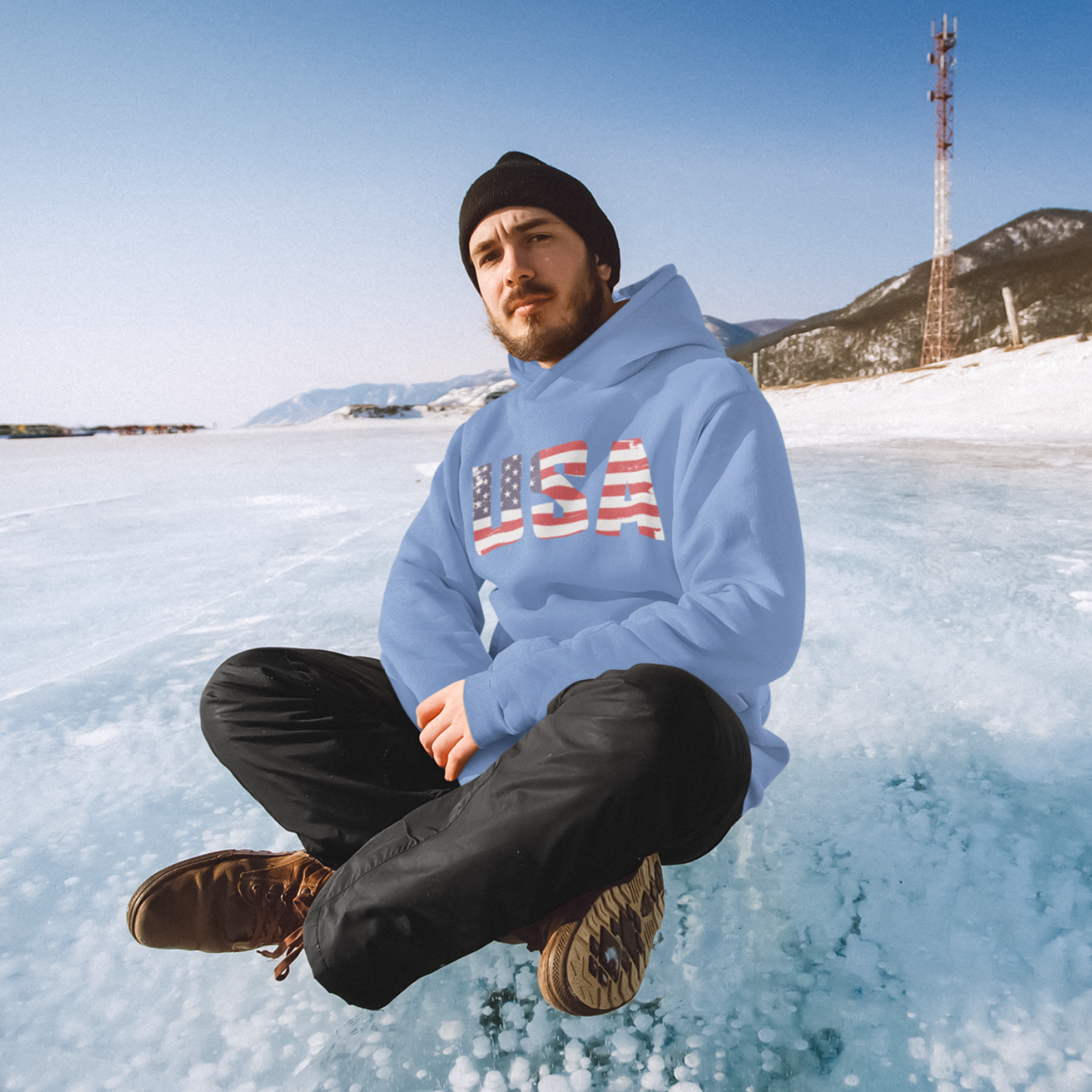 USA Flag Text Printed round neck Men Hoodie