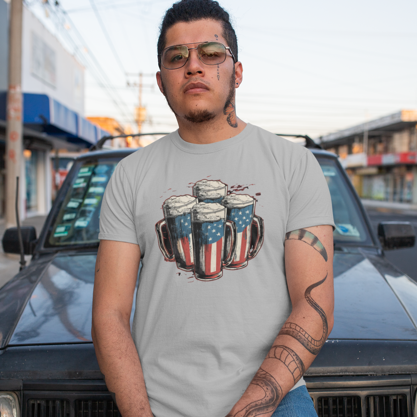 USA Flag Beer Glass Unique Print round Neck short sleeve T-Shirt for men Women.
