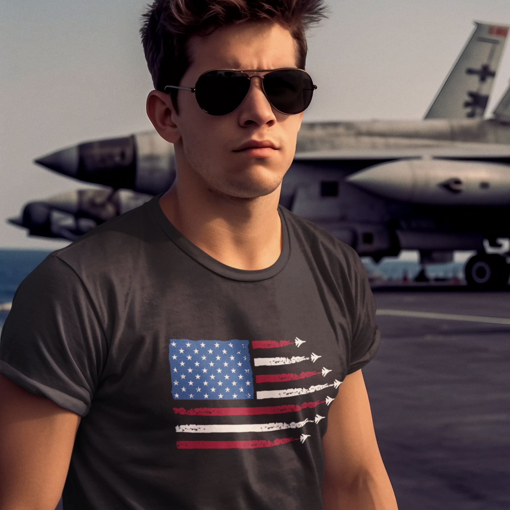 USA Flag with JET Print round Neck short sleeve T-Shirt for men Women