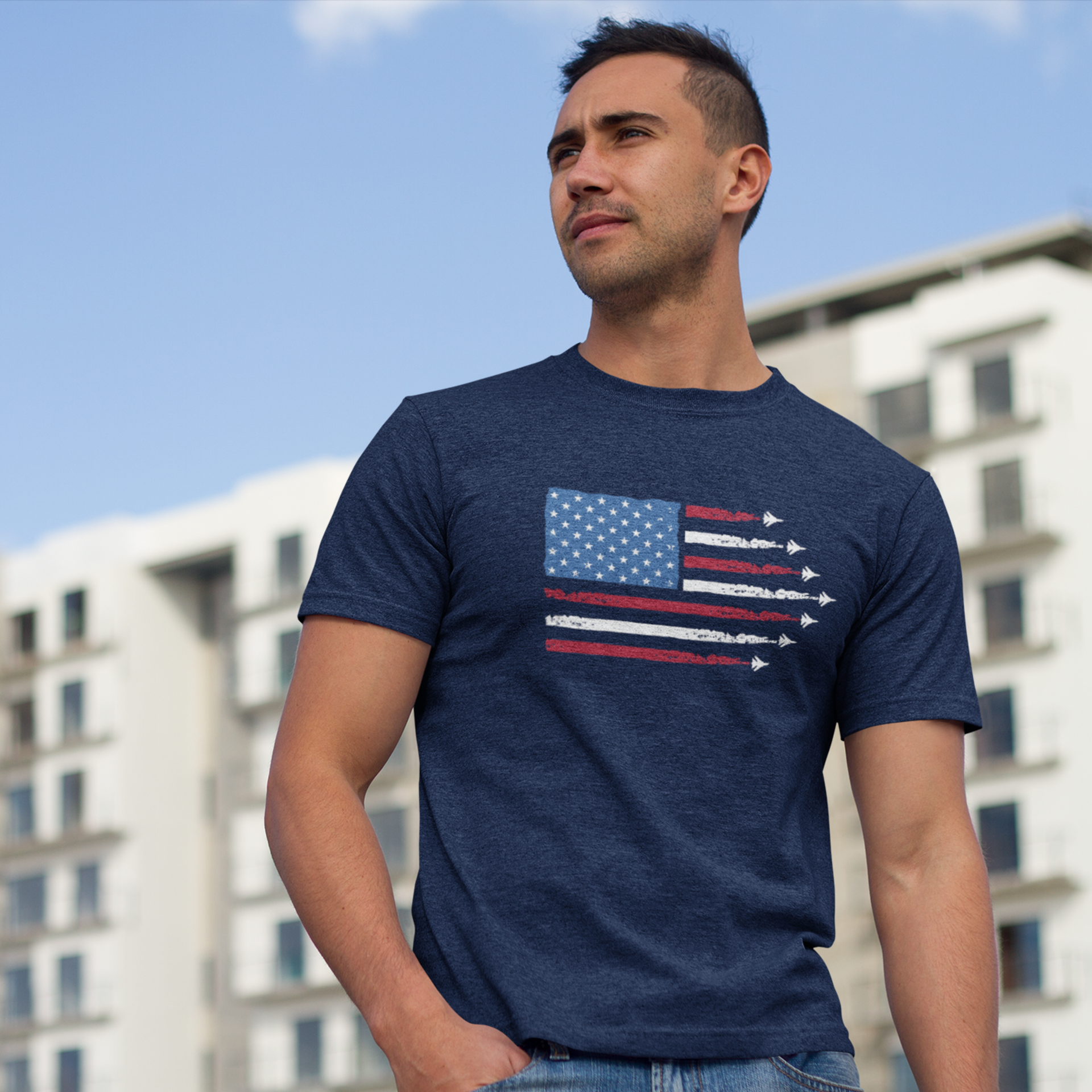 USA Flag with JET Print round Neck short sleeve T-Shirt for men Women