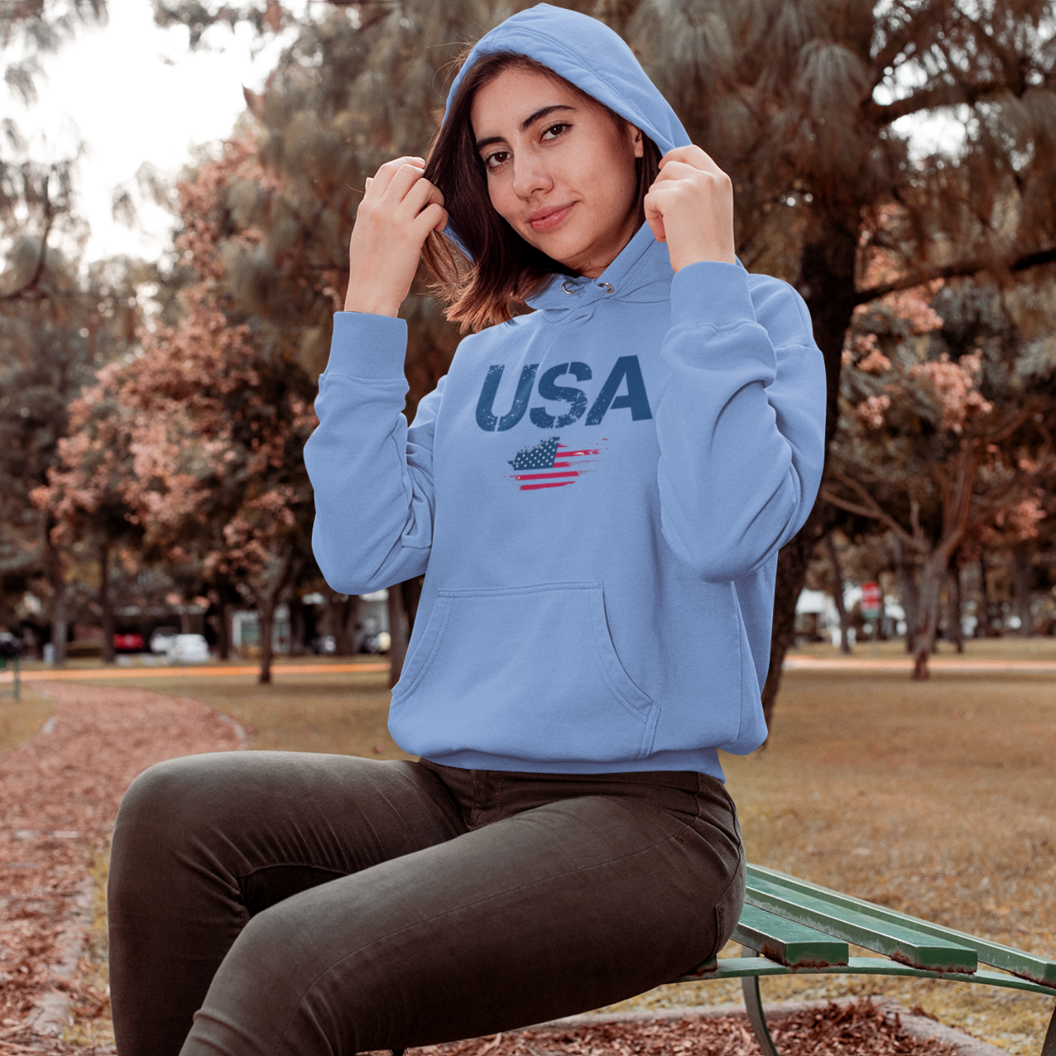 USA Flag Text Printed Hoodie for women