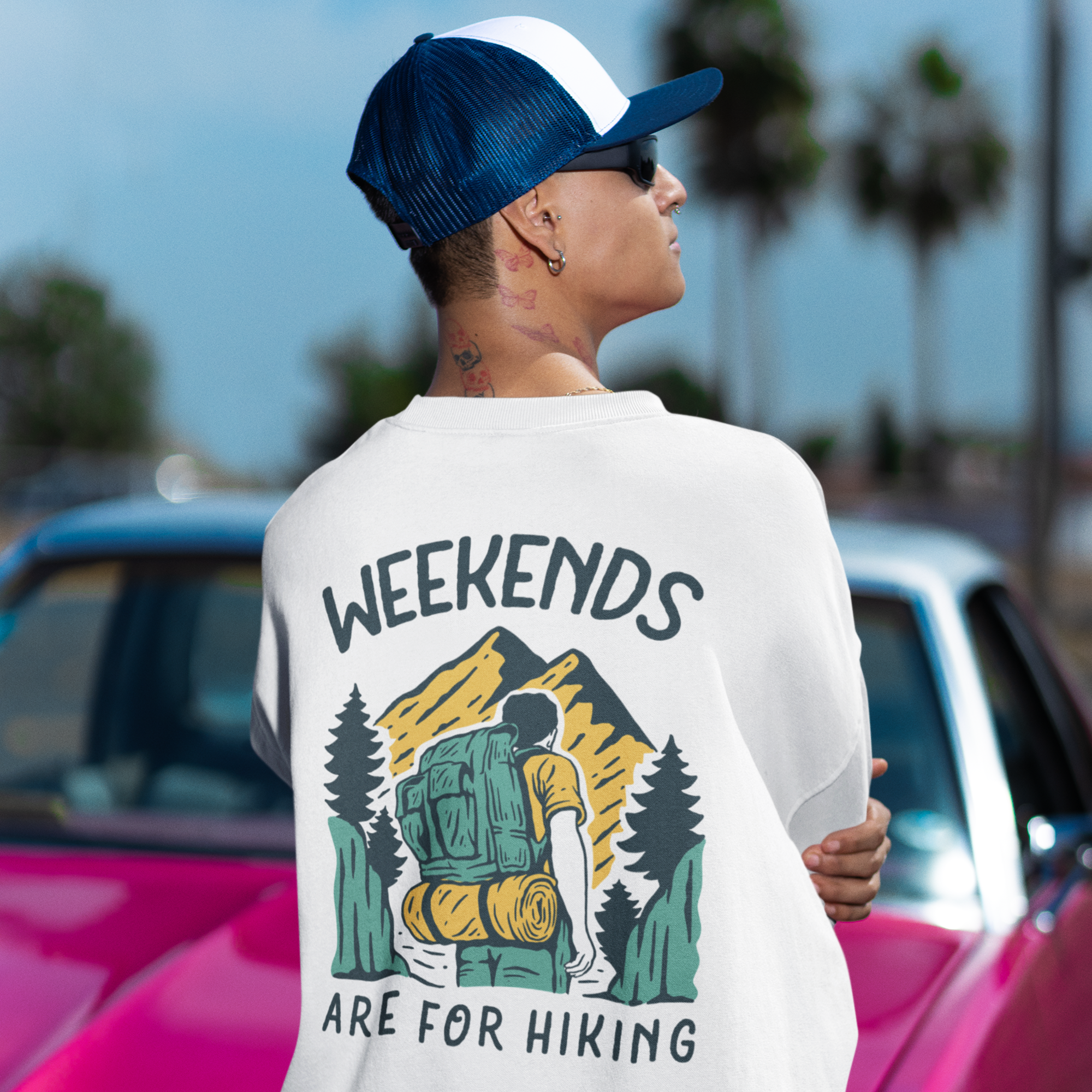 Weekends hiking back printed round neck oversized Sweatshirt for Men