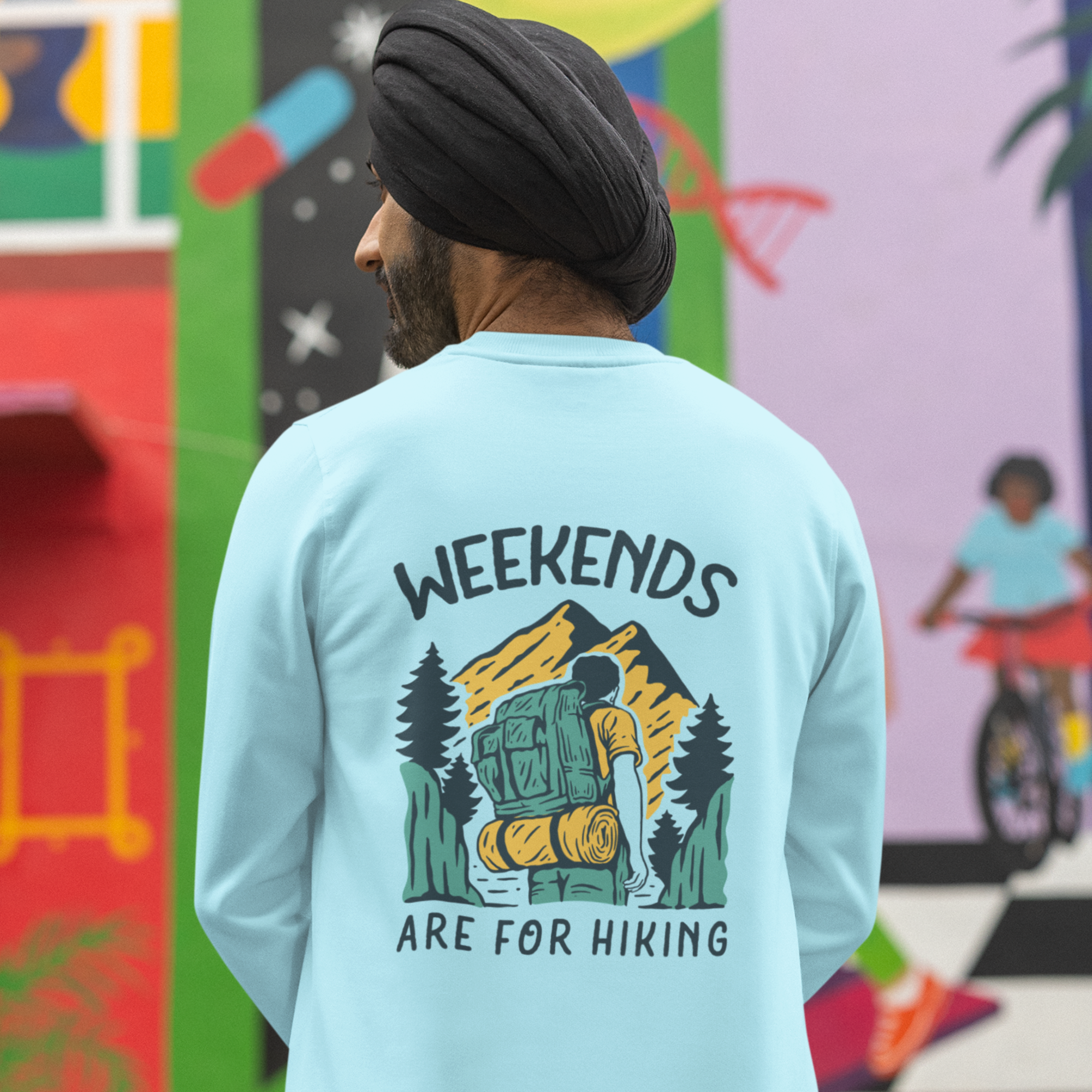 Weekends hiking back printed round neck oversized Sweatshirt for Men