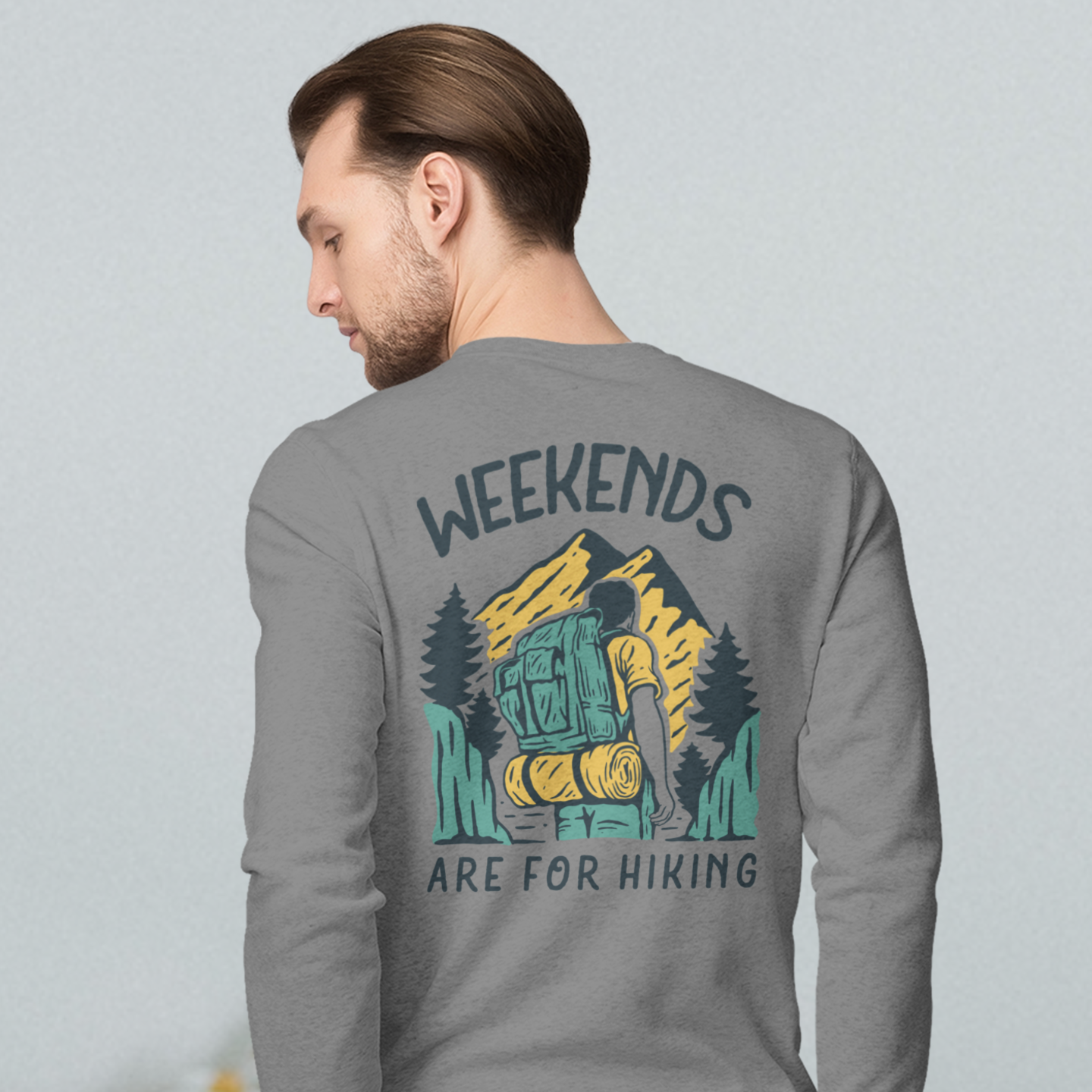 Weekends hiking back printed round neck oversized Sweatshirt for Men