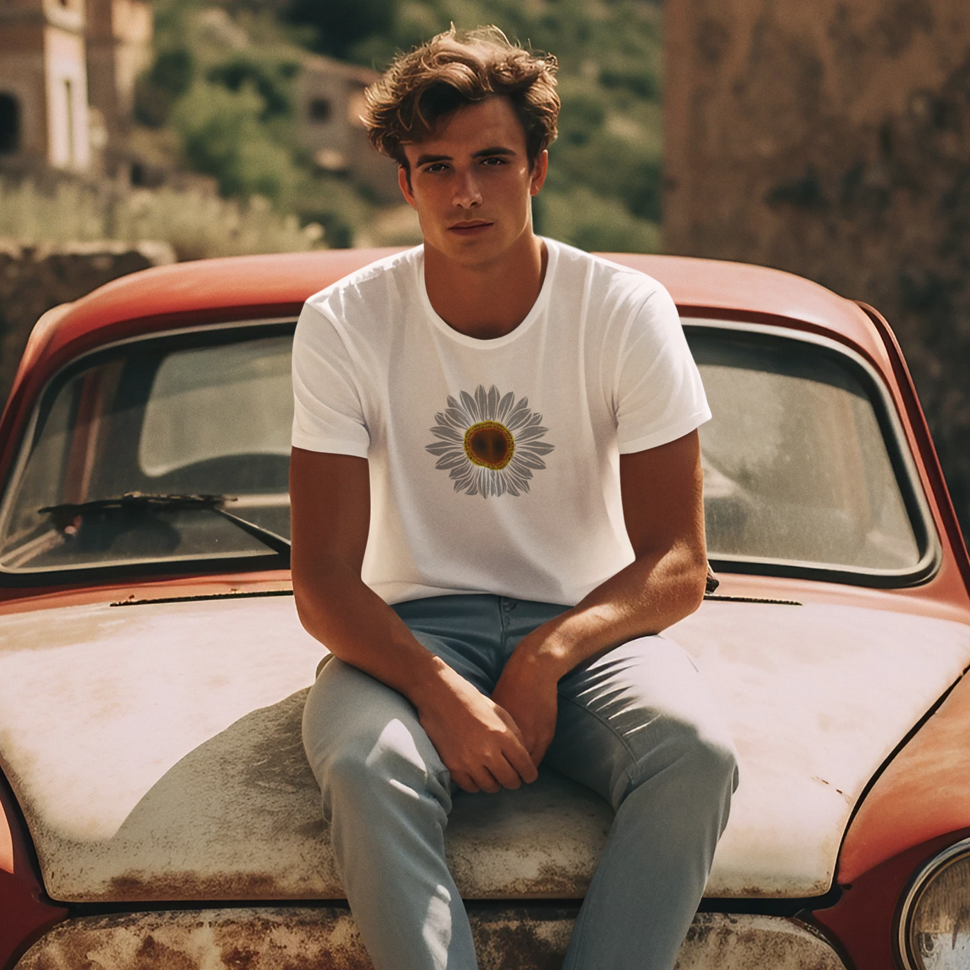 White Sunflower unisex Round Neck, short sleeve T-Shirt