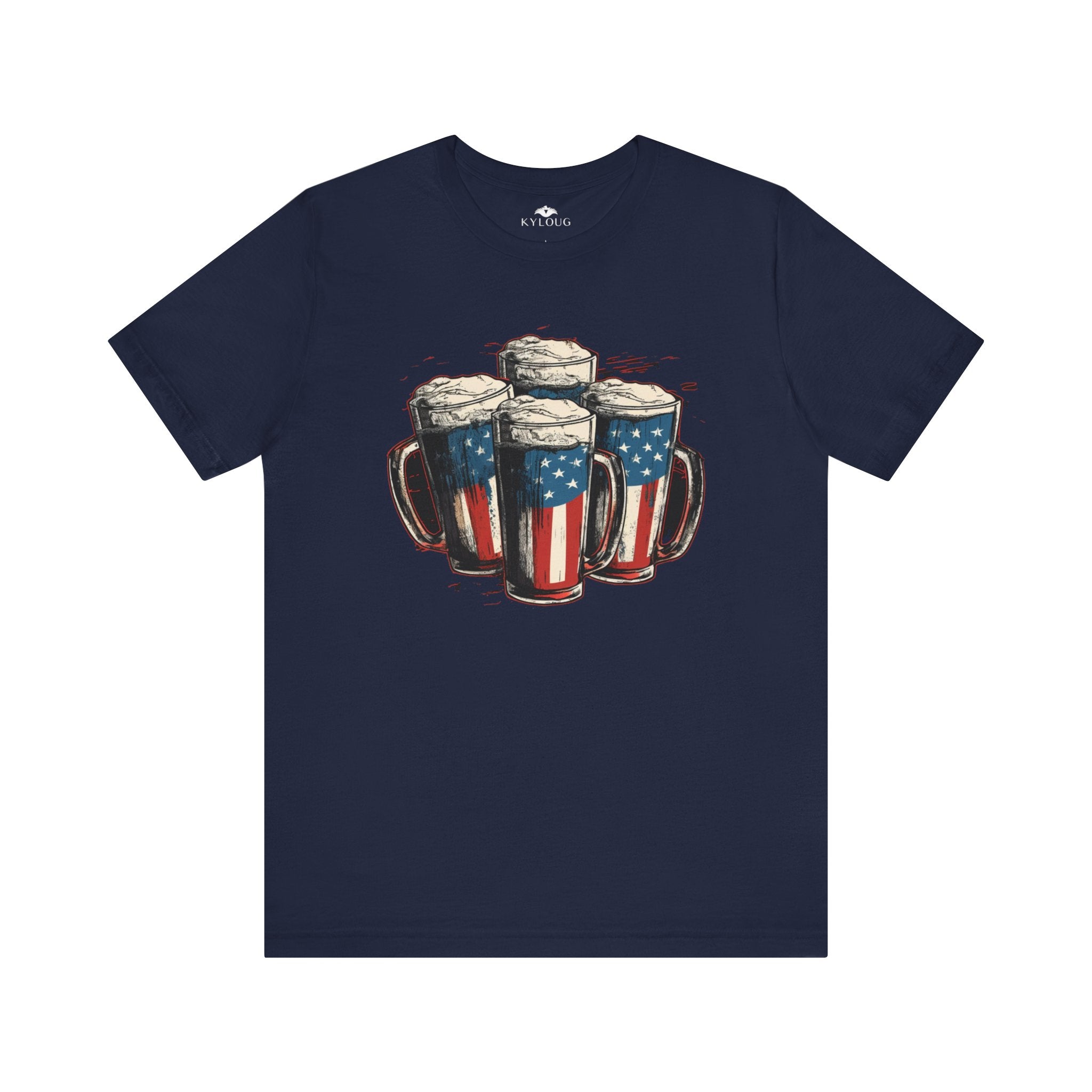 USA Flag Beer Glass Unique Print round Neck short sleeve T-Shirt for men Women.