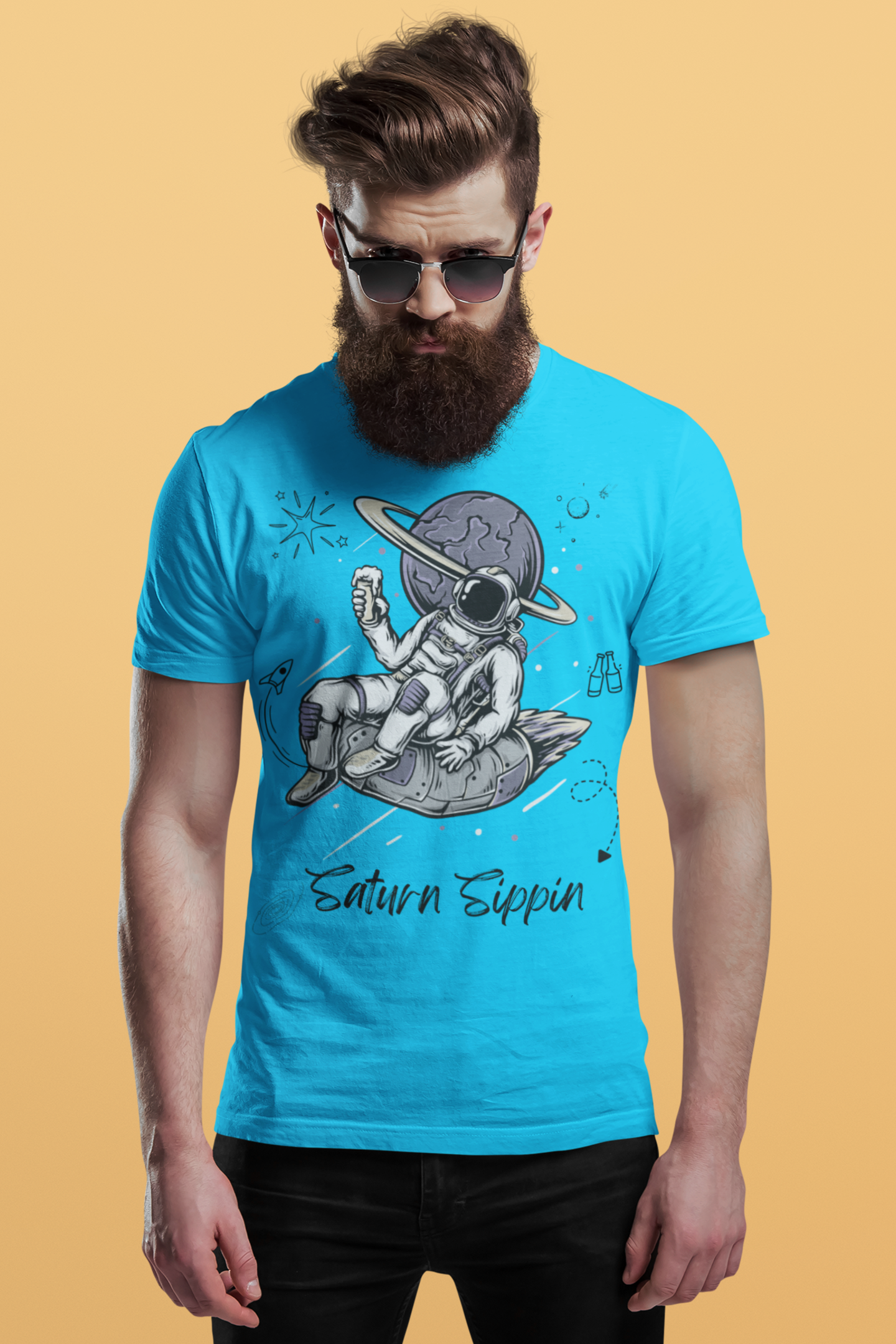 Heather Aqua Saturn Sippin graphic tee – slim fit round-neck casual shirt for men
