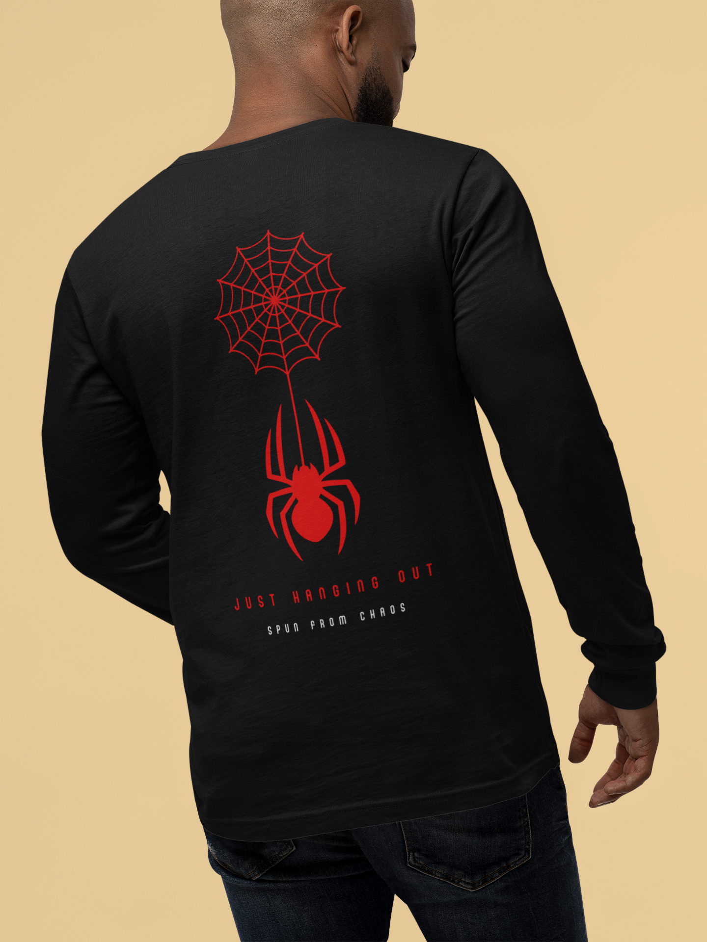 Men heavy cotton T-shirt with red spider web print