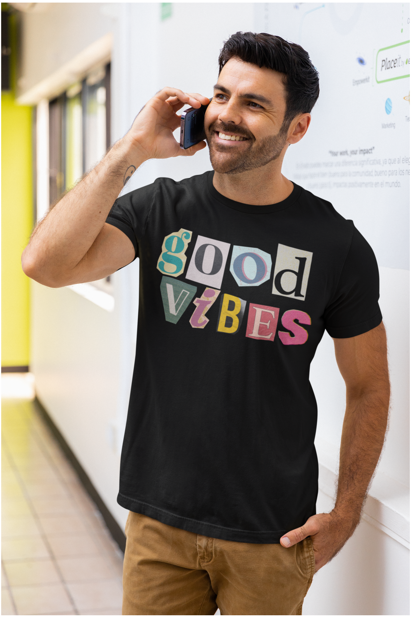 Black Good Vibes graphic tee – round neck casual T-shirt for men