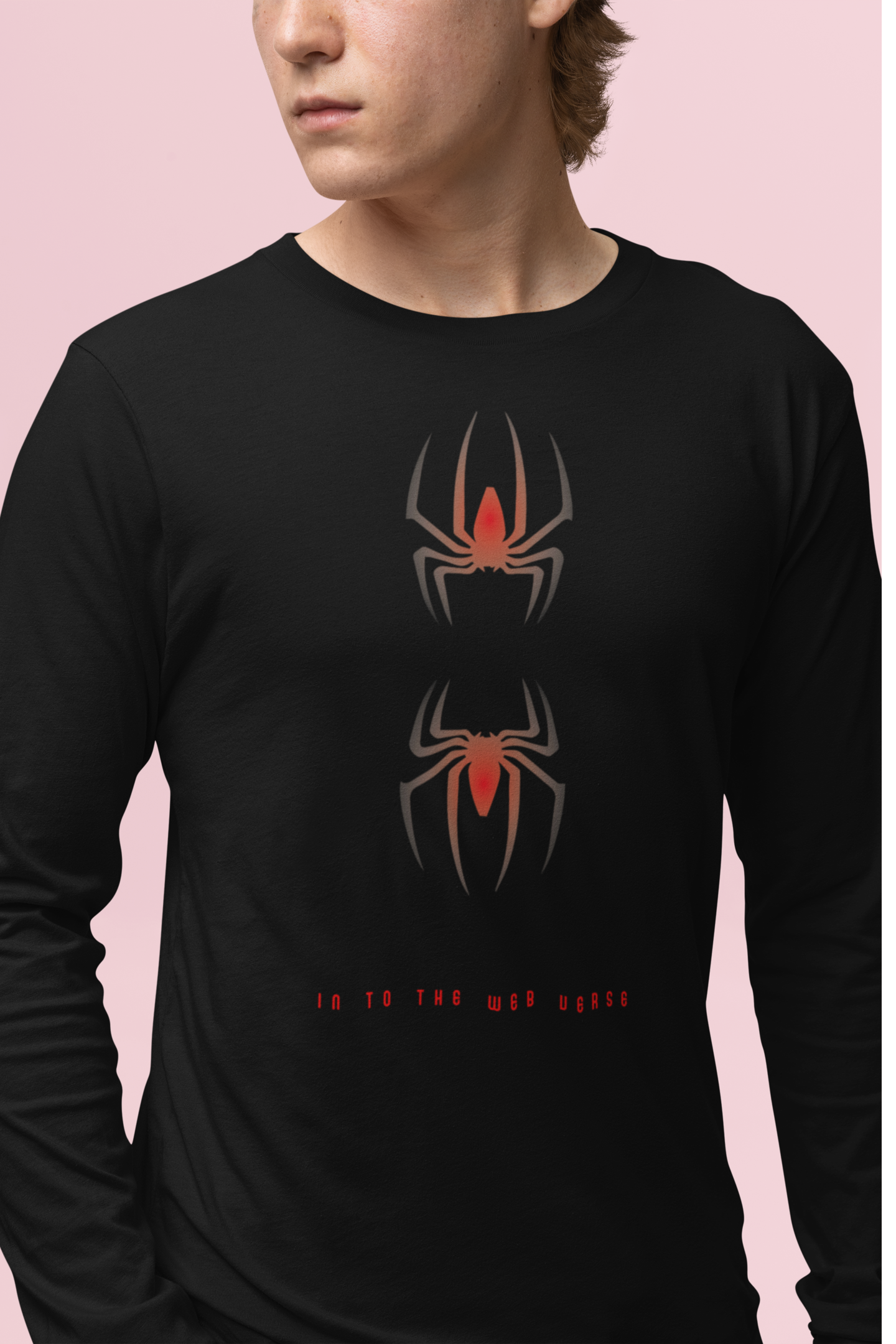 Black long-sleeve shirt with red and gray spider 
